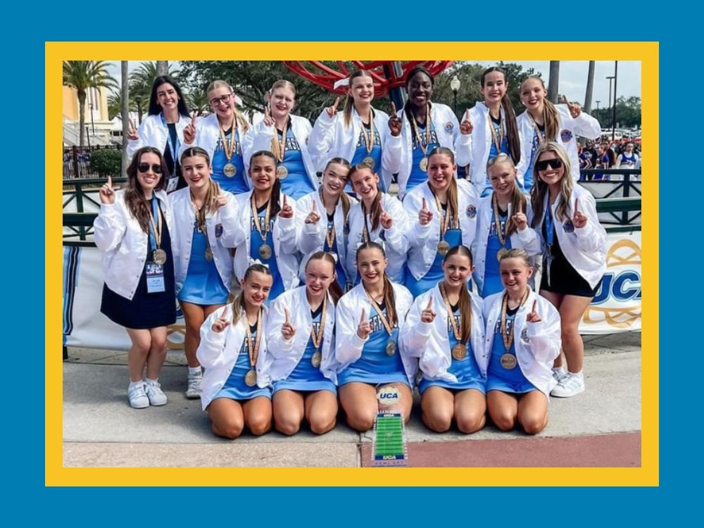 Cheerleading team with national championship trophy