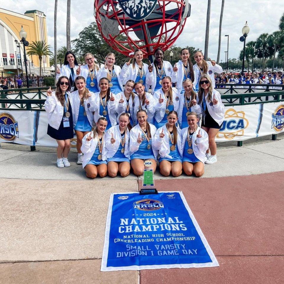 Cheerleading team with national championship trophy