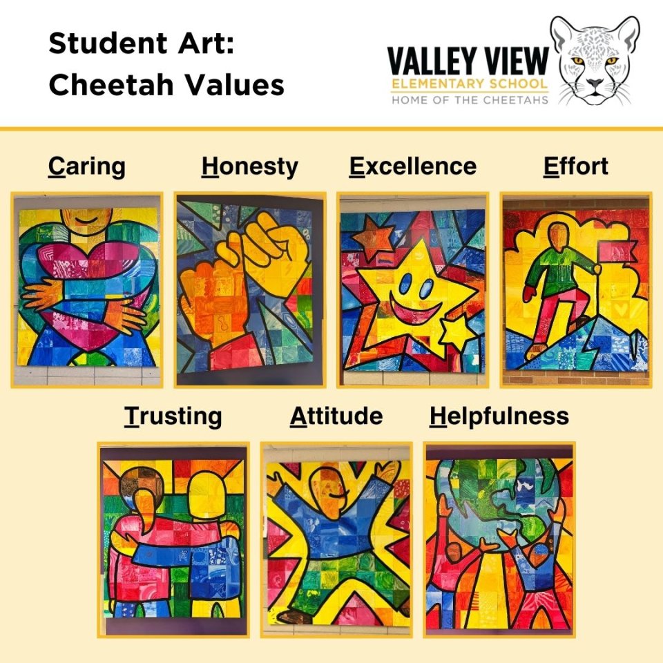 Collage of seven pieces of art that represent Valley View Elementary's seven values